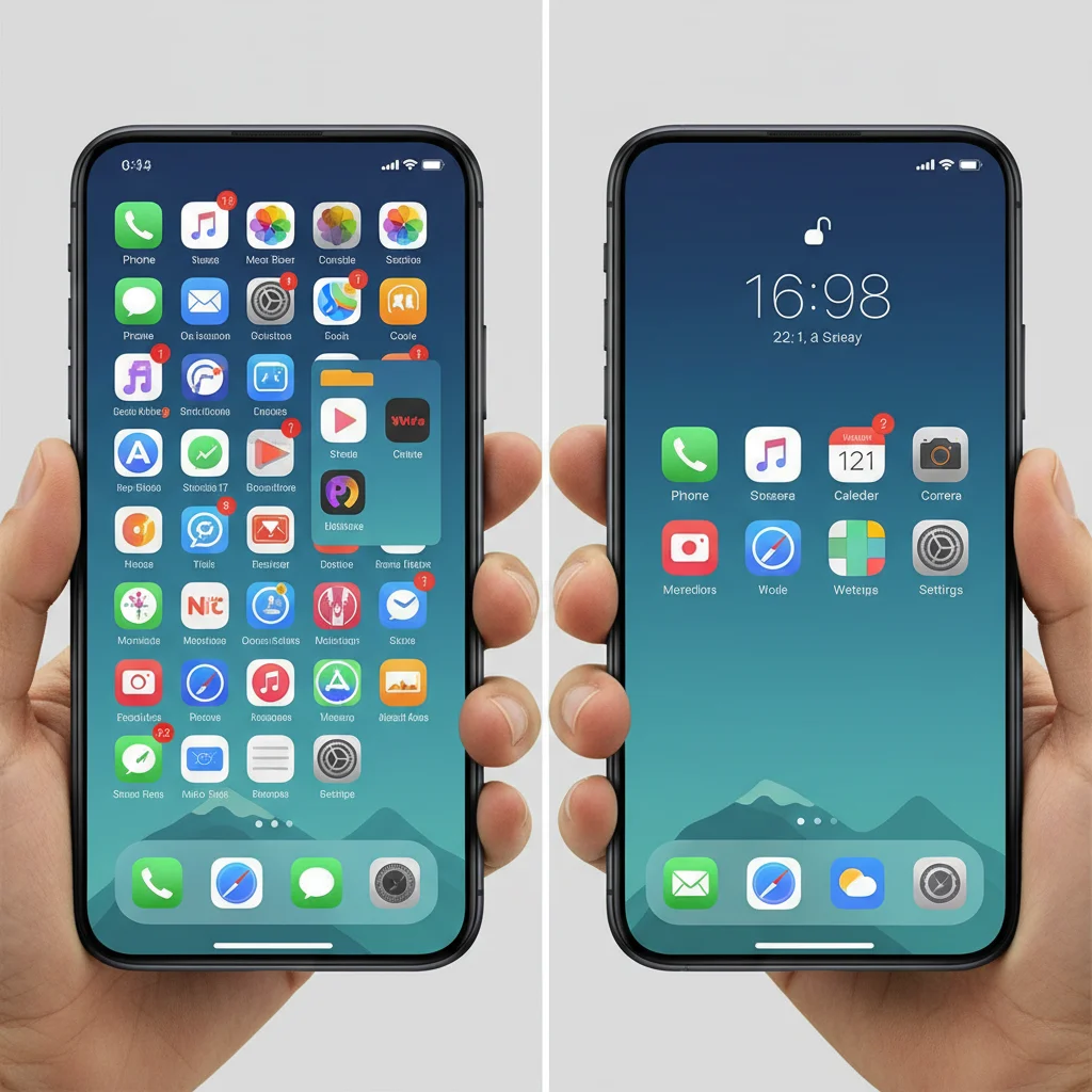 Cluttered versus organized smartphone app screens, demonstrating digital minimalism.