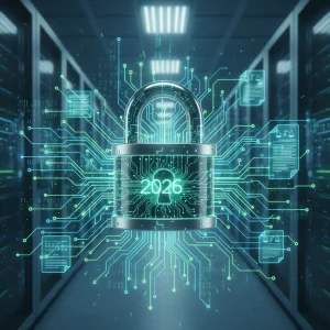 Navigating US Data Privacy Regulations in 2026: A Guide for Digital Security Compliance Futuristic digital padlock representing data privacy in 2026 with interconnected data lines and legal documents.