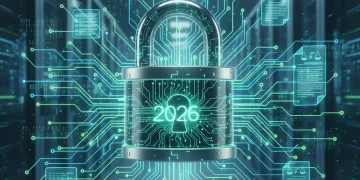 Futuristic digital padlock representing data privacy in 2026 with interconnected data lines and legal documents.