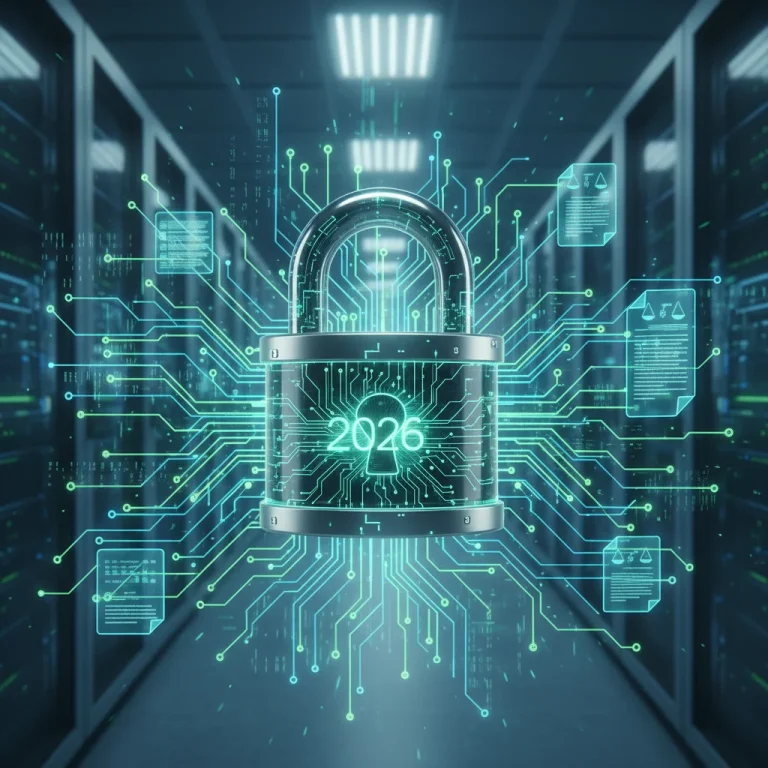 Futuristic digital padlock representing data privacy in 2026 with interconnected data lines and legal documents.