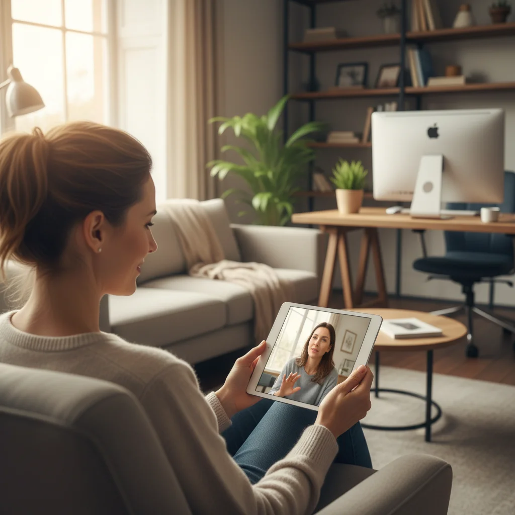 Employee engaging in a virtual mental health therapy session on a tablet in a private setting.