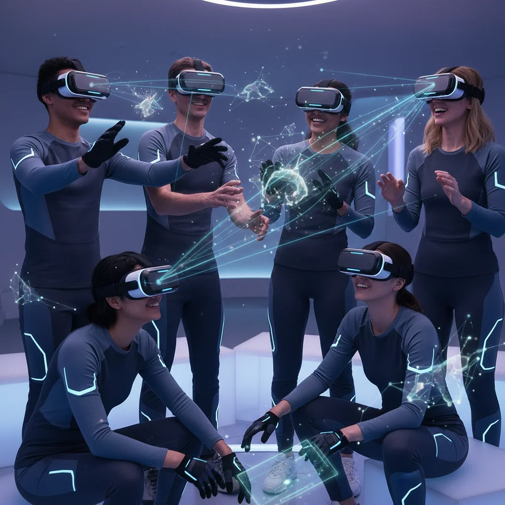 Diverse individuals immersed in a virtual reality experience using advanced VR headsets.