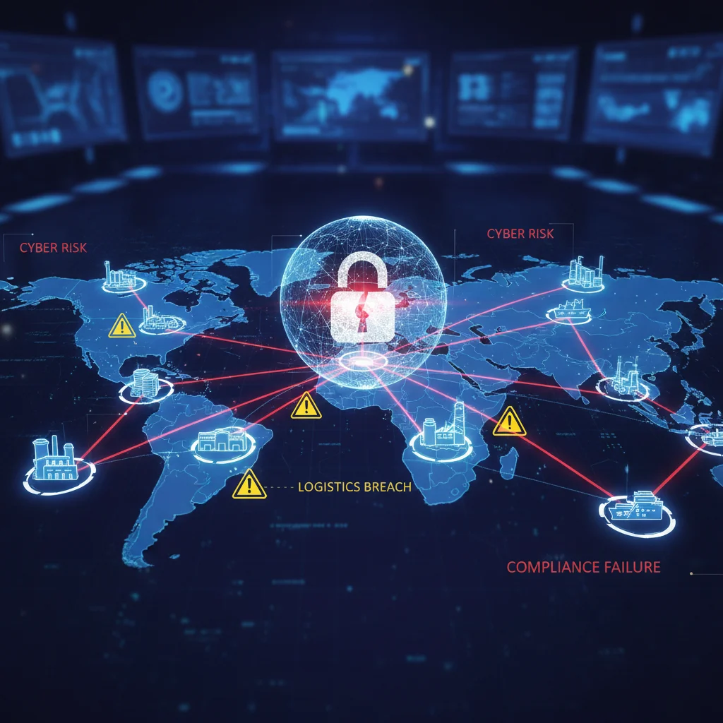 Visual representation of a vulnerable global supply chain with highlighted security risks.