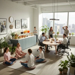Employees practicing mindfulness and collaboration in a modern workplace setting, promoting well-being.