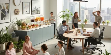 Employees practicing mindfulness and collaboration in a modern workplace setting, promoting well-being.