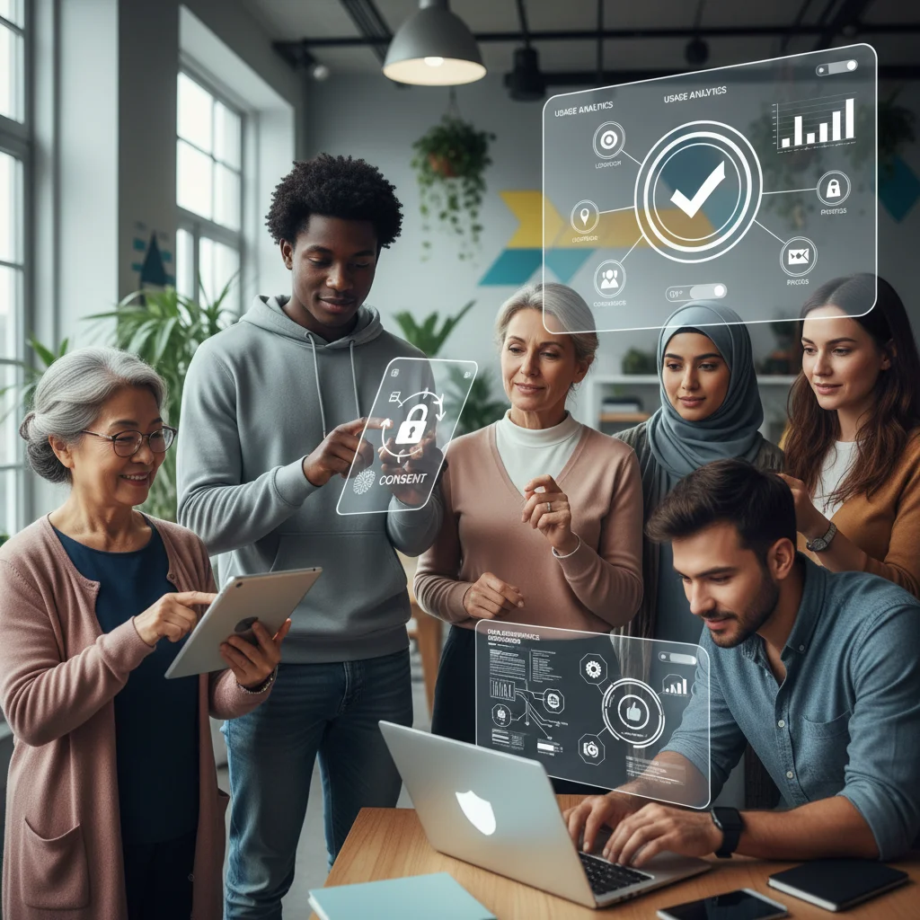 Diverse individuals reviewing privacy settings on digital devices.