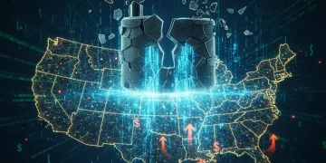 Shattered padlock over US map symbolizing data breach financial impact