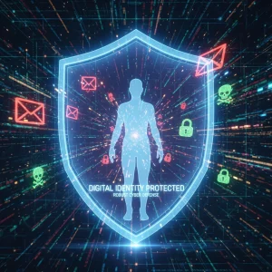 Digital Identity Protection: 8 Steps to Prevent Data Breaches in 2026 Digital shield protecting a person from cyber threats, symbolizing strong digital identity protection.