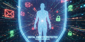 Digital shield protecting a person from cyber threats, symbolizing strong digital identity protection.