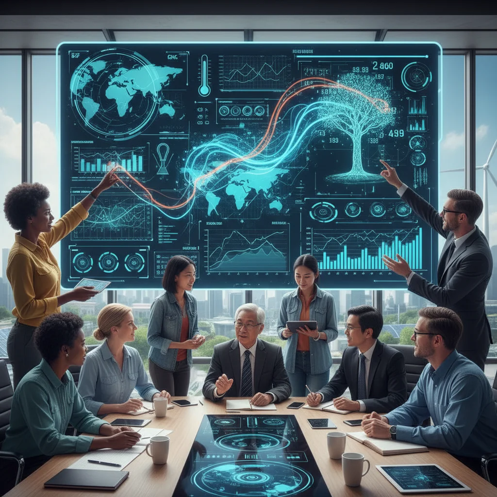 Environmental scientists analyzing climate data on a large screen, representing data-driven sustainability roles.