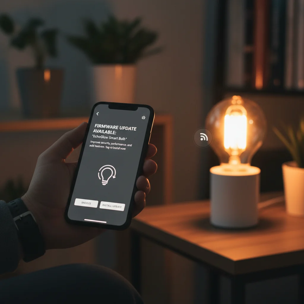 Smartphone showing firmware update notification for a smart home IoT device, highlighting importance of updates.