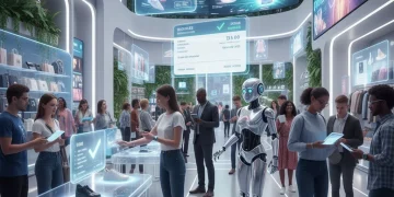 Futuristic e-commerce store with AI assistants and interactive displays