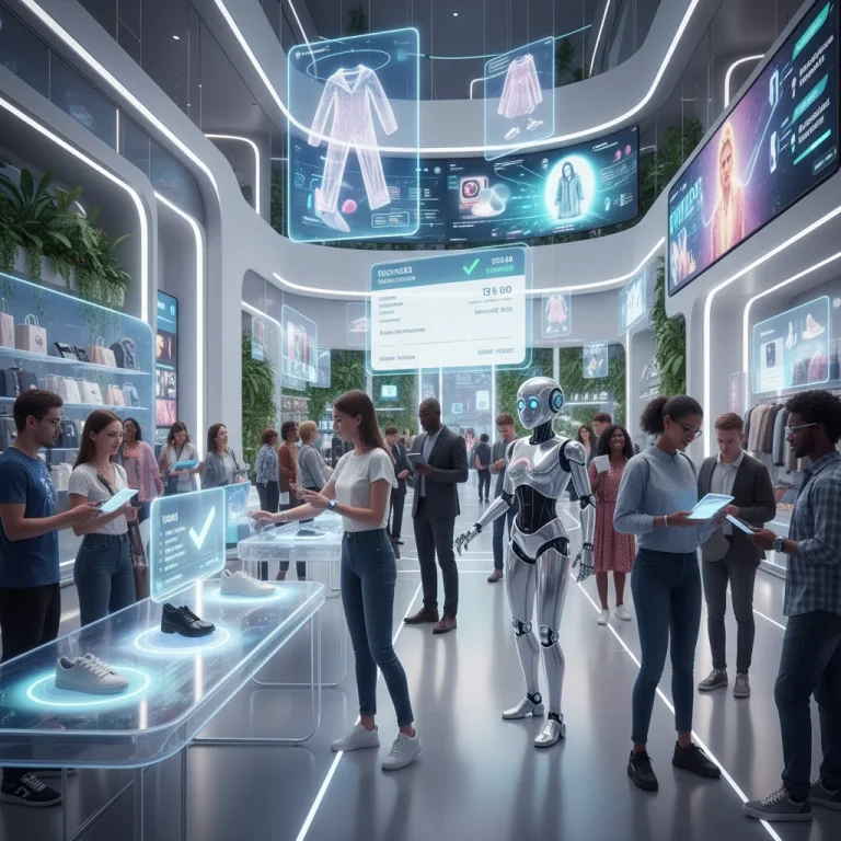 Futuristic e-commerce store with AI assistants and interactive displays
