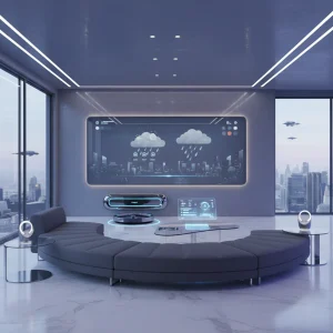 Smart Home Ecosystems 2026: Apple, Google, Amazon, Samsung Compared Futuristic smart home living room with integrated devices