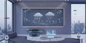 Futuristic smart home living room with integrated devices