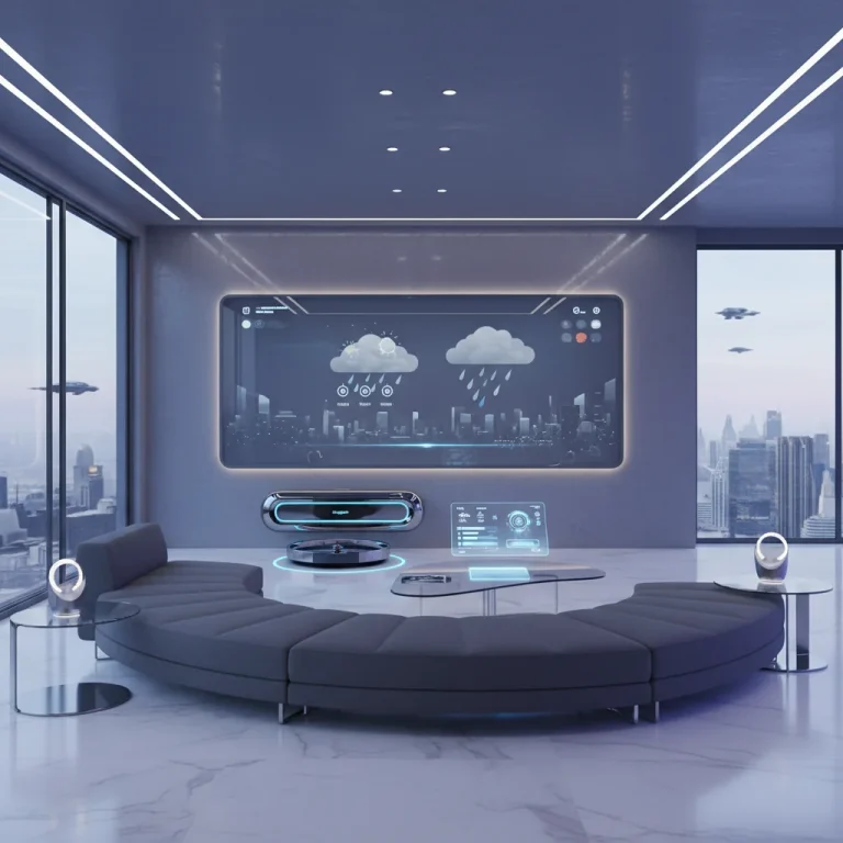 Futuristic smart home living room with integrated devices