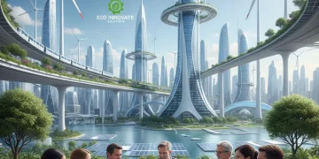 Professionals working in a futuristic green energy office with wind turbines and solar panels in the background, symbolizing green job growth.