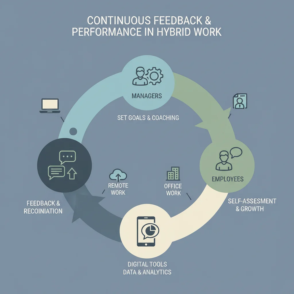 Infographic showing continuous feedback loop and performance evaluation in hybrid work.