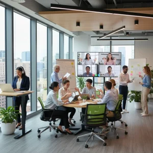 Hybrid Workforce Strategies 2026: Optimize US Productivity Diverse professionals collaborating in a modern hybrid office setting with remote participants.