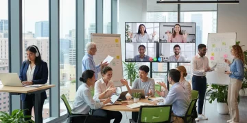 Diverse professionals collaborating in a modern hybrid office setting with remote participants.