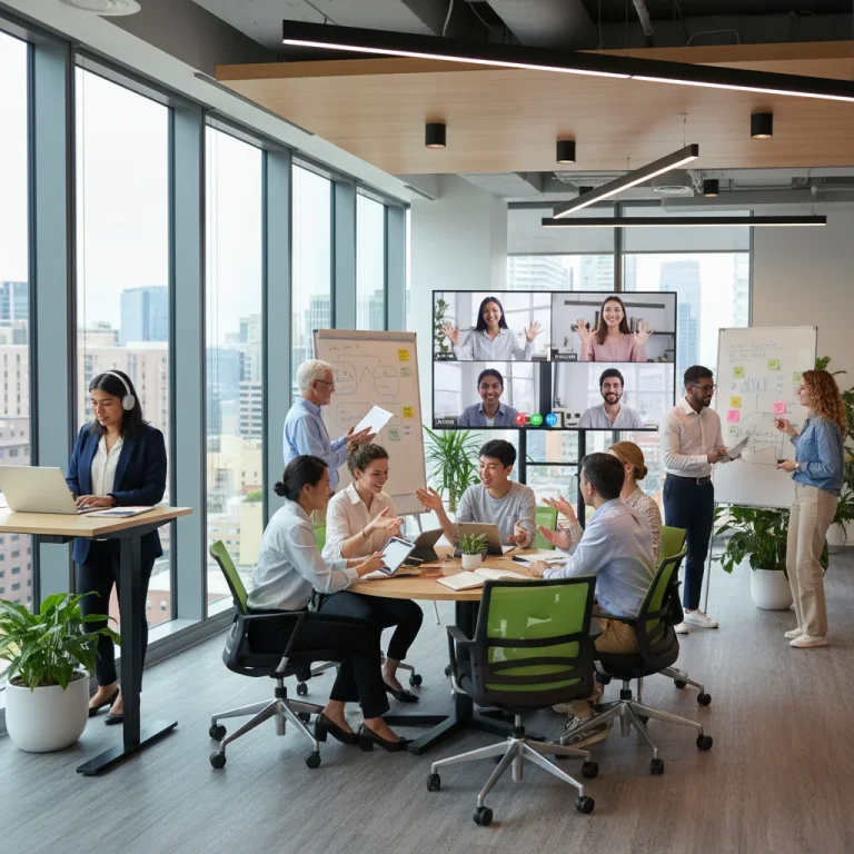 Diverse professionals collaborating in a modern hybrid office setting with remote participants.