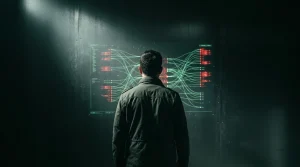 Fortifying Your Digital Frontier: A Comparative Analysis of Modern Security Solutions Person viewed from behind, intently analyzing a complex digital interface projected onto a dark metallic wall, displaying glowing green network lines and red threat indicators, under dramatic chiaroscuro lighting.