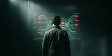 Person viewed from behind, intently analyzing a complex digital interface projected onto a dark metallic wall, displaying glowing green network lines and red threat indicators, under dramatic chiaroscuro lighting.