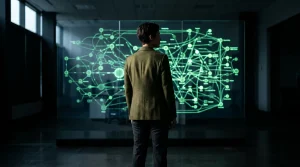 Professional photograph of a person in a dark green blazer observing a transparent screen displaying a complex, glowing green digital network representing organizational transformation, with dramatic chiaroscuro lighting.