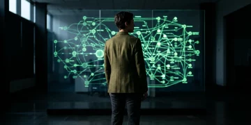 Professional photograph of a person in a dark green blazer observing a transparent screen displaying a complex, glowing green digital network representing organizational transformation, with dramatic chiaroscuro lighting.