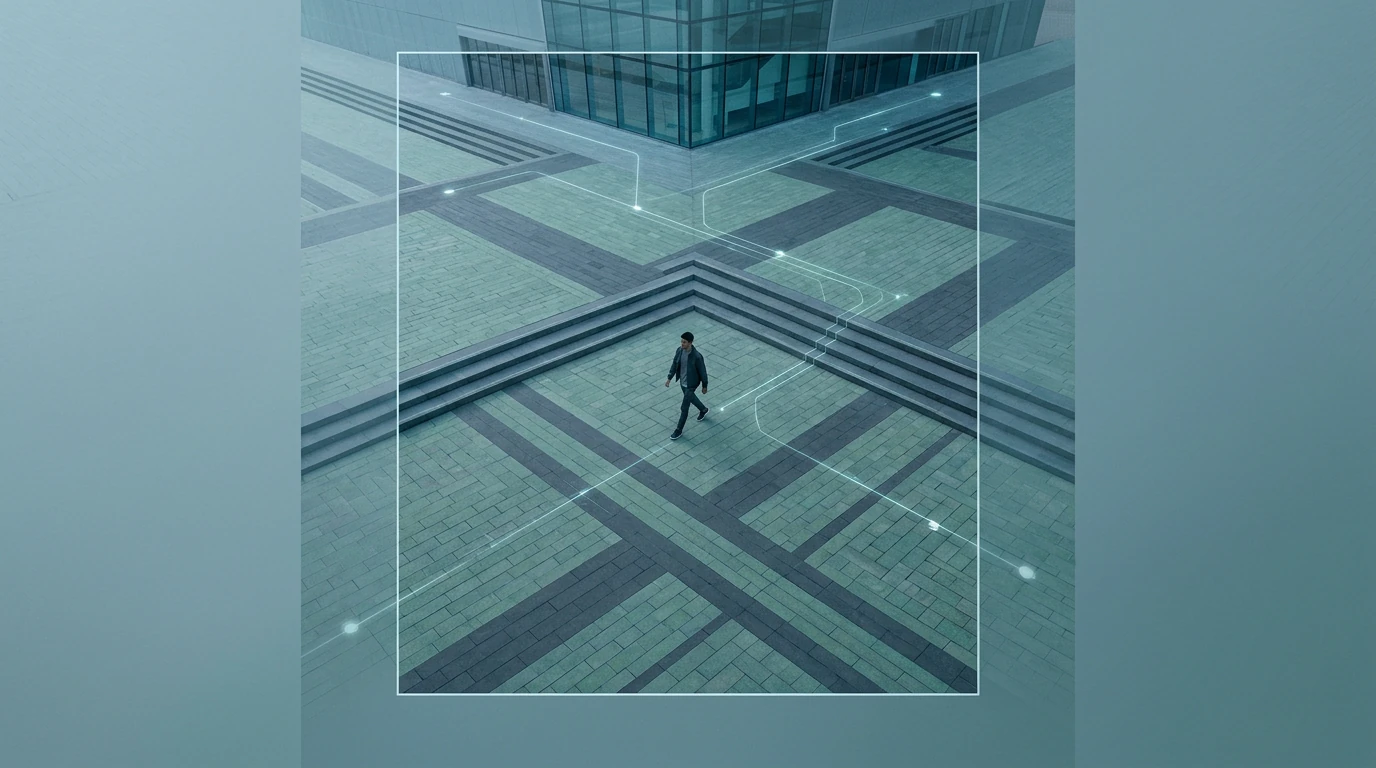 Aerial view of a person walking on a geometrically patterned urban plaza at dawn, symbolizing ambient computing and integrated digital living.
