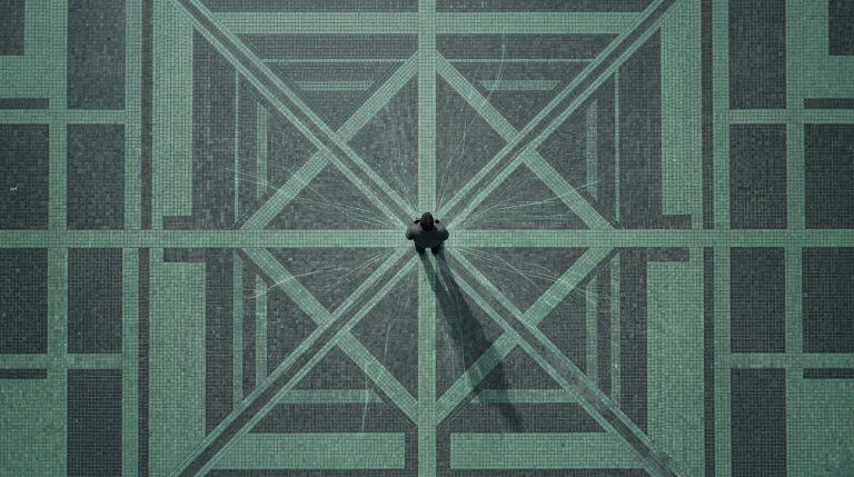 A solitary person viewed from above on a mosaic plaza, with subtle green digital data streams emanating, symbolizing invisible data collection.