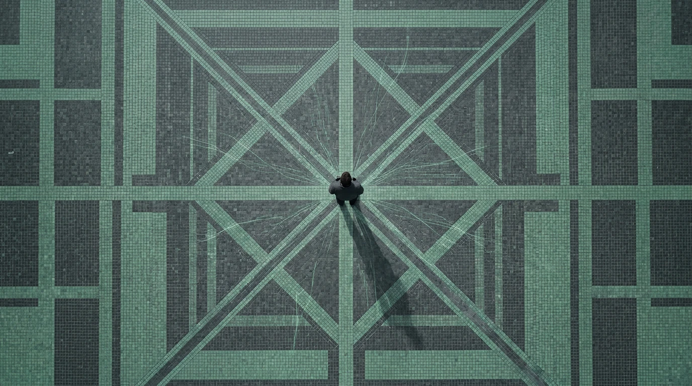 A solitary person viewed from above on a mosaic plaza, with subtle green digital data streams emanating, symbolizing invisible data collection.