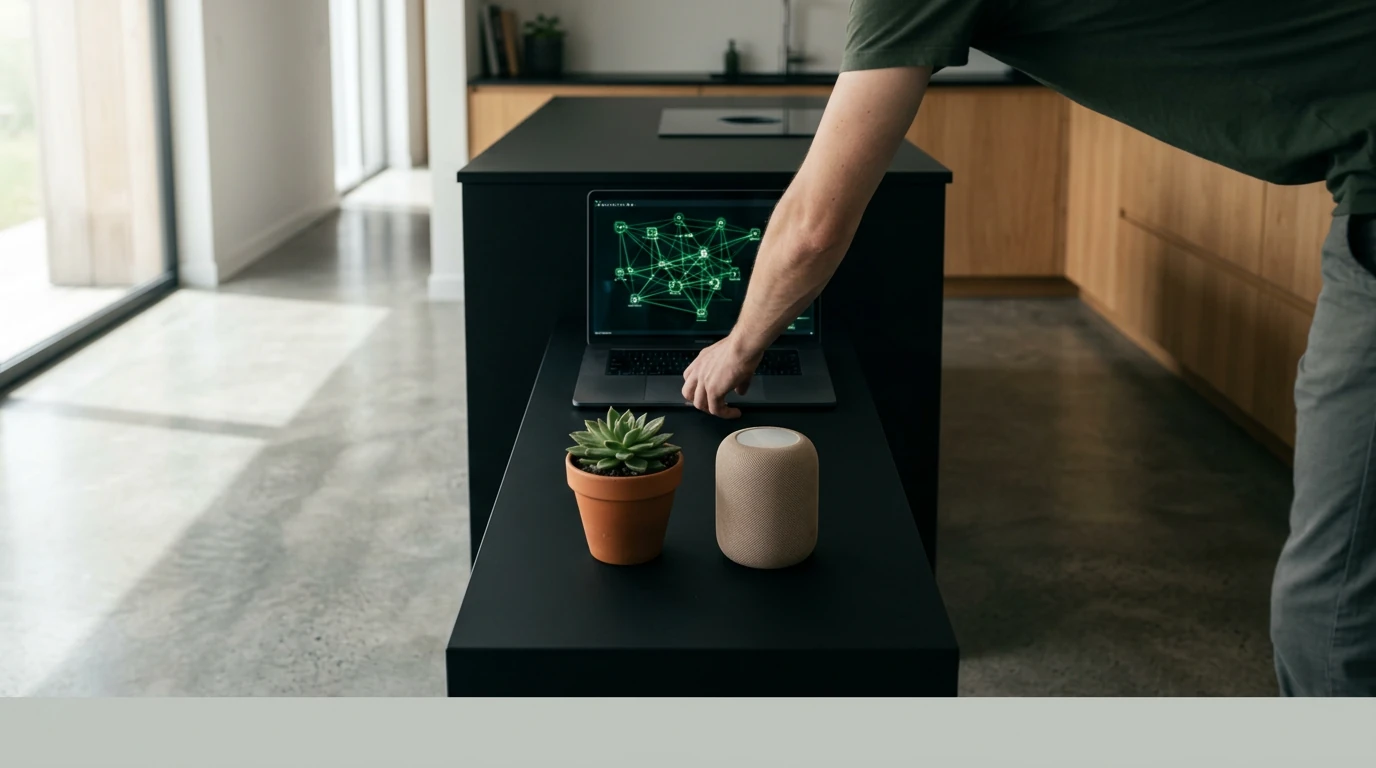 A person standing at a kitchen island, engaging with a laptop that displays a network diagram, symbolizing the integration of digital lifestyle and professional security.