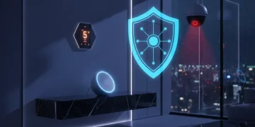 Smart home devices interconnected with a digital security shield overlay, representing IoT home network security.