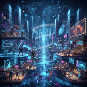 Futuristic metaverse cityscape with diverse avatars interacting digitally
