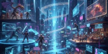 Futuristic metaverse cityscape with diverse avatars interacting digitally