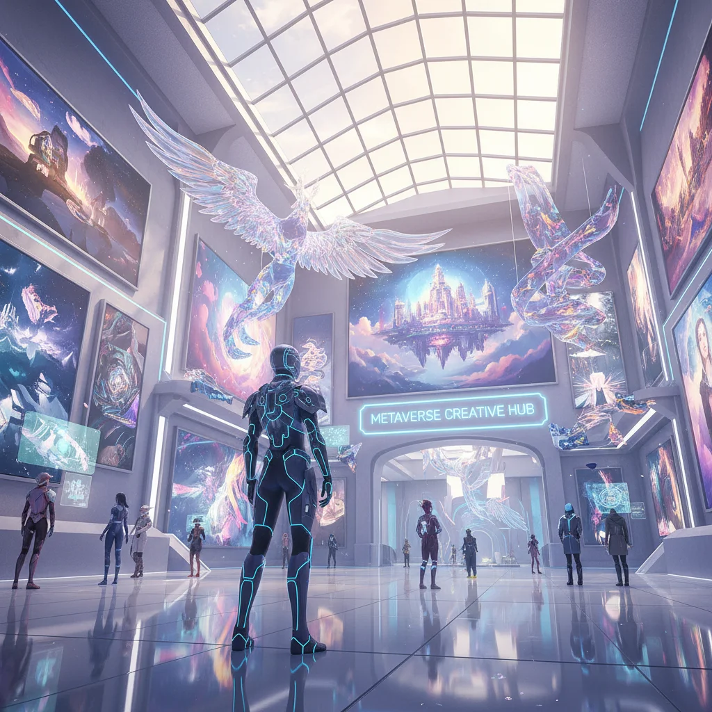 Avatar exploring a virtual art gallery with digital sculptures