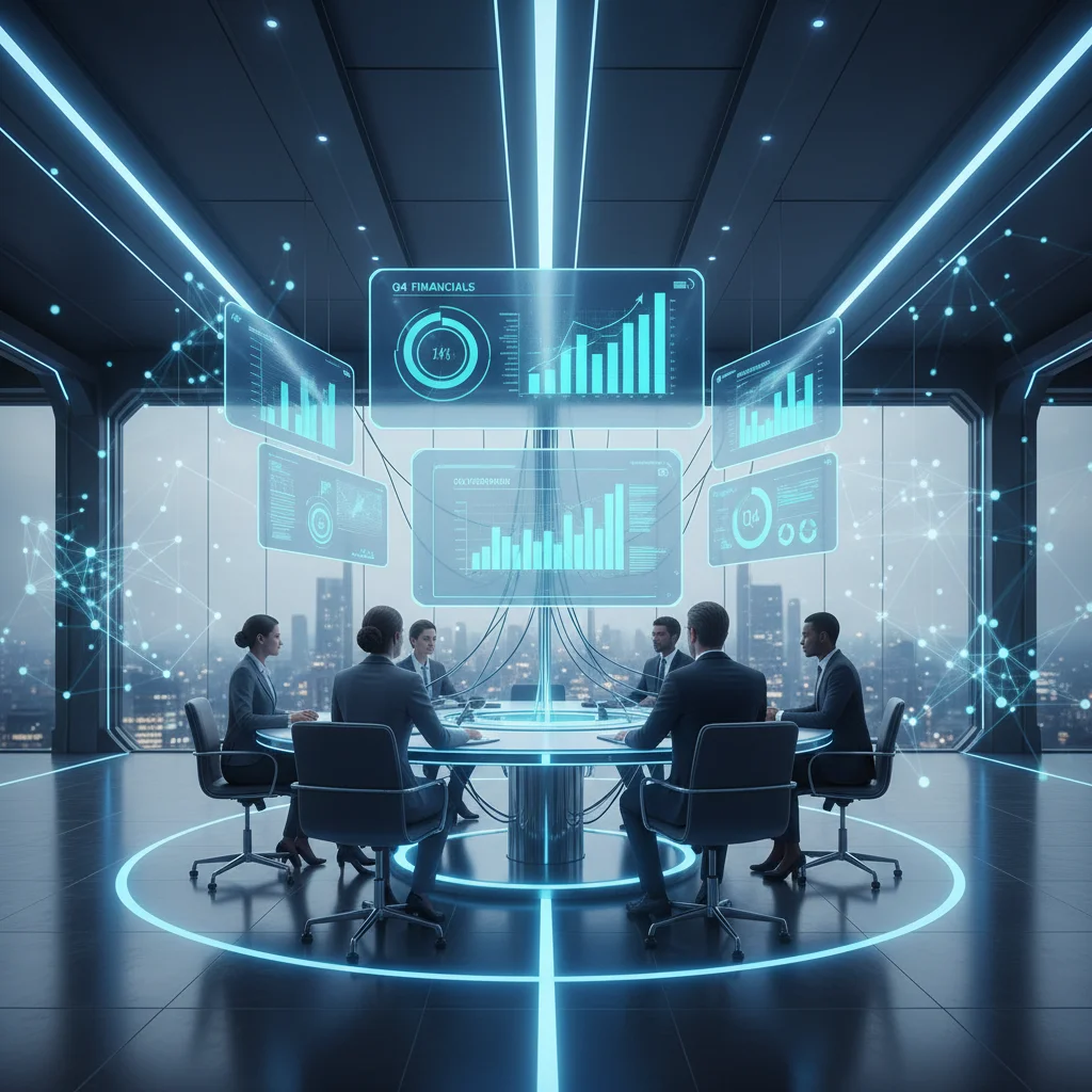Avatars in a virtual business meeting with holographic data displays