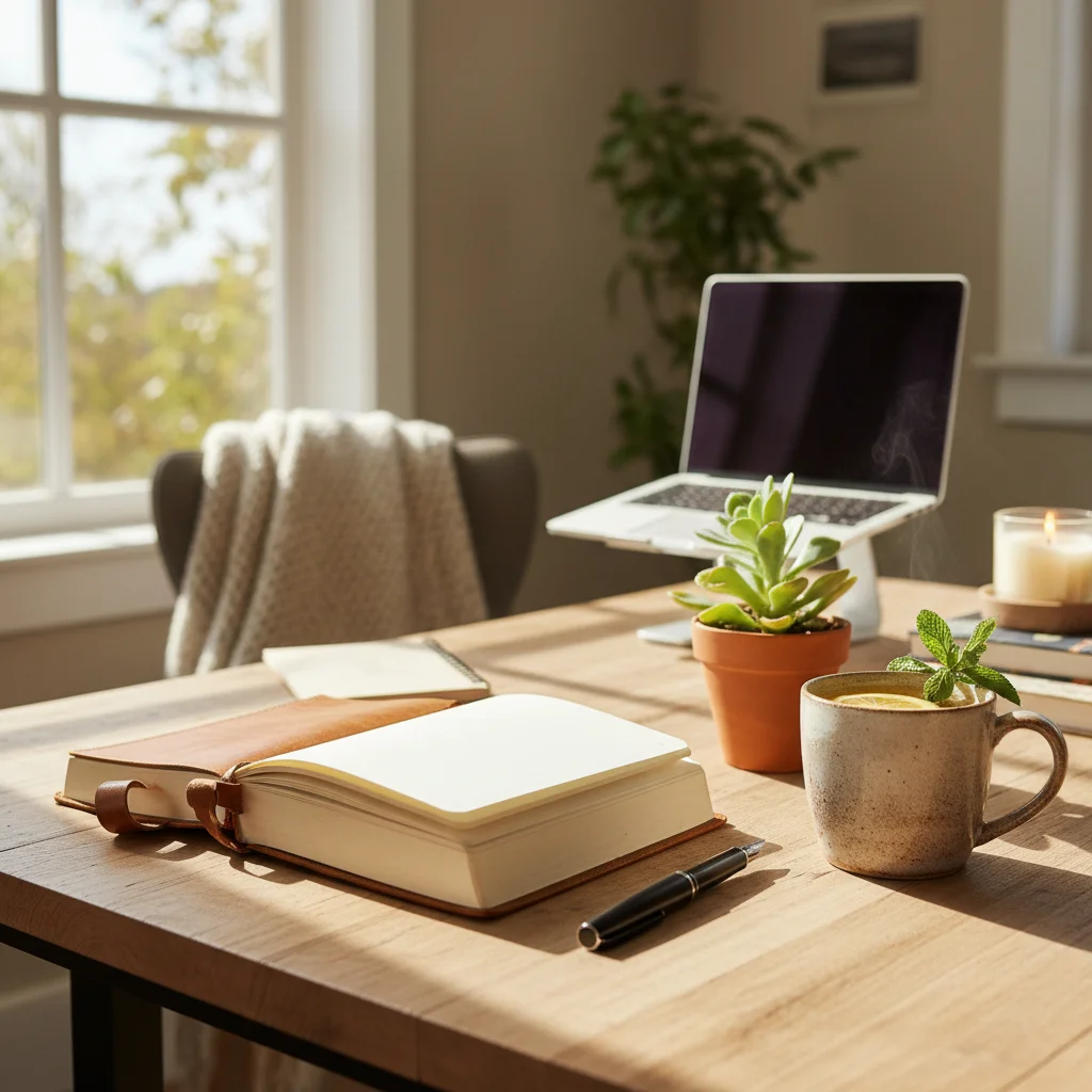 Home desk with journal and tea, promoting mindfulness during digital detox.