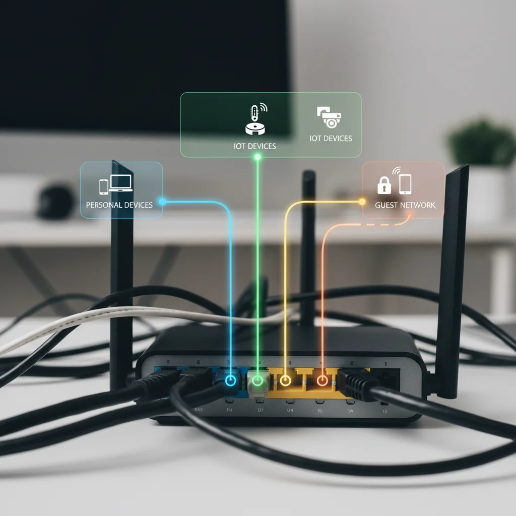 Network router with visual representation of segmented home network for IoT devices, enhancing security.