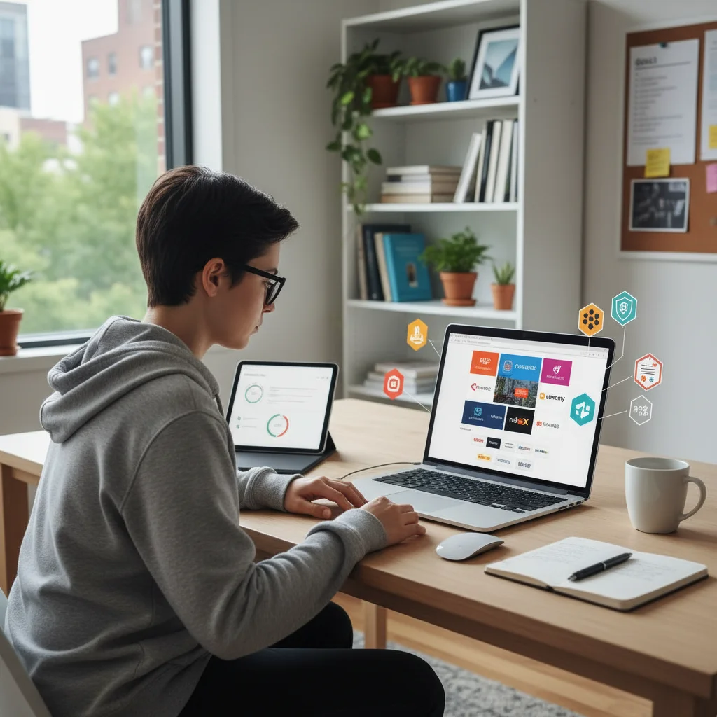 Individual researching online micro-credential courses on a laptop