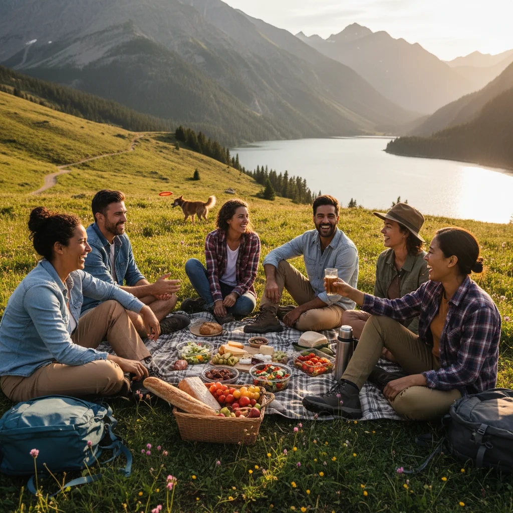 Friends connecting in nature, free from screens, enjoying real-world interaction.