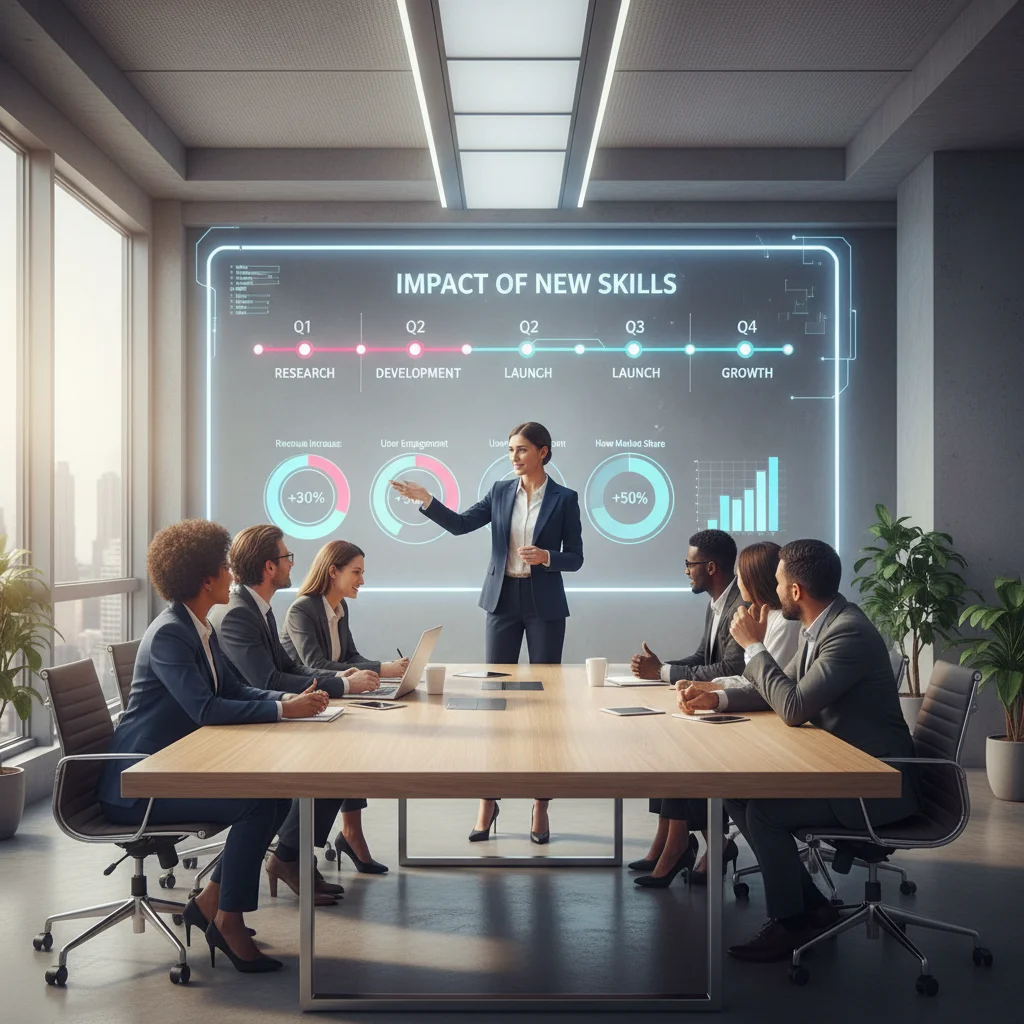 Professional confidently presenting project results in a modern office
