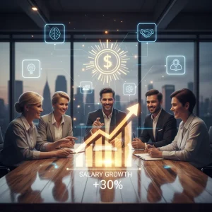 Micro-Credentials: Boost Your Salary by 10% by 2027 Professionals collaborating with digital skill badges and upward salary trend