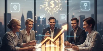 Professionals collaborating with digital skill badges and upward salary trend