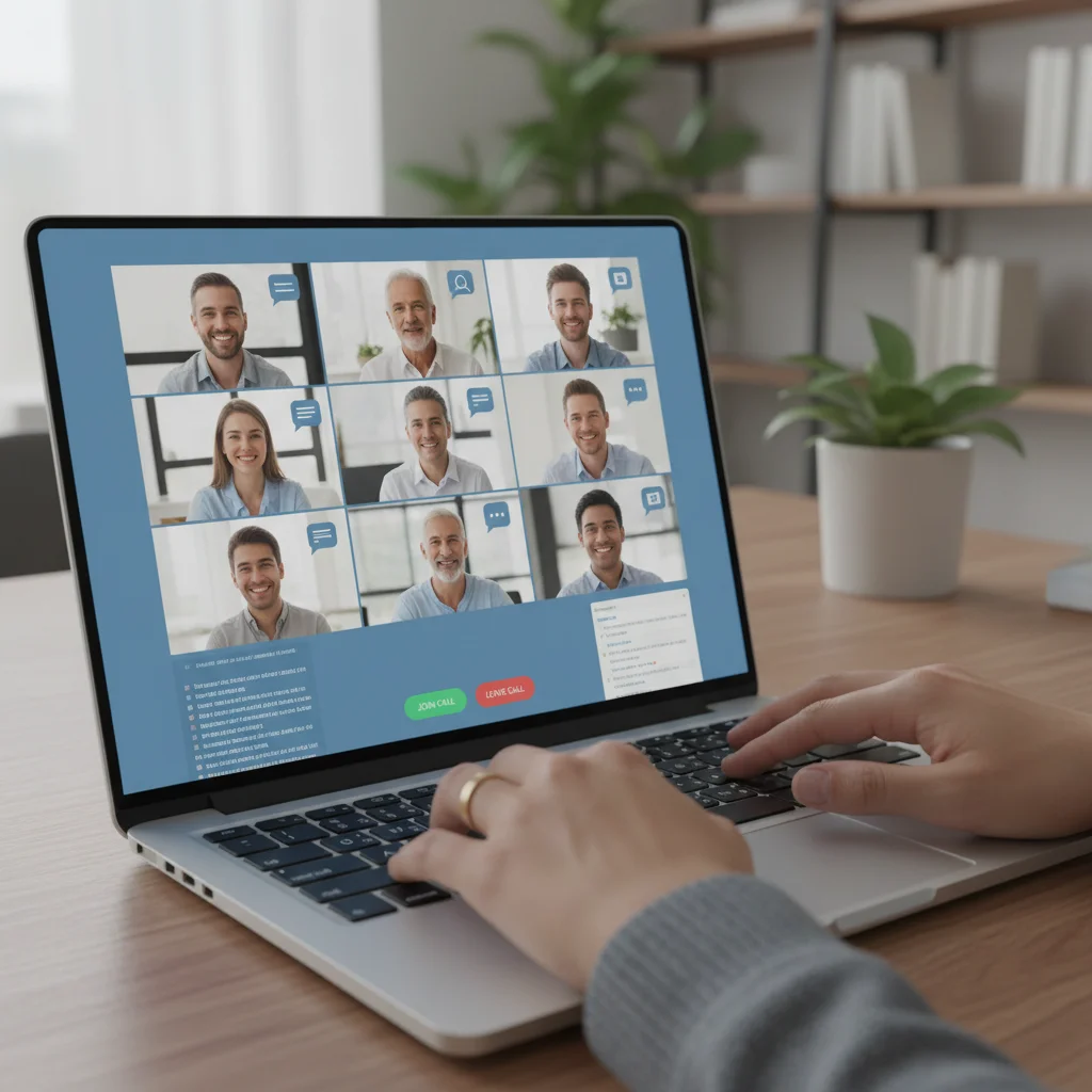 Person typing on laptop during virtual meeting, showing remote collaboration.