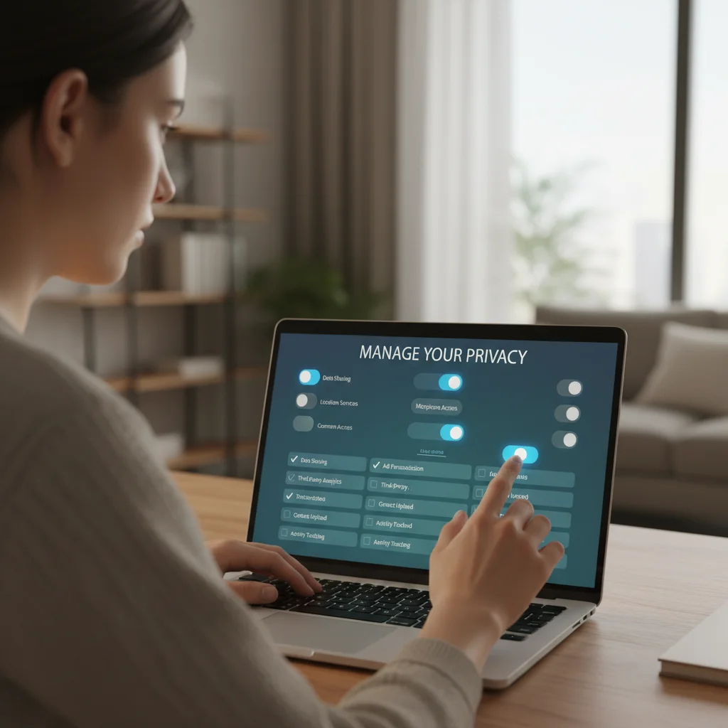 Person reviewing privacy settings on a laptop, managing personal data online.