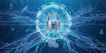 Secure digital footprint with lock icon and data streams
