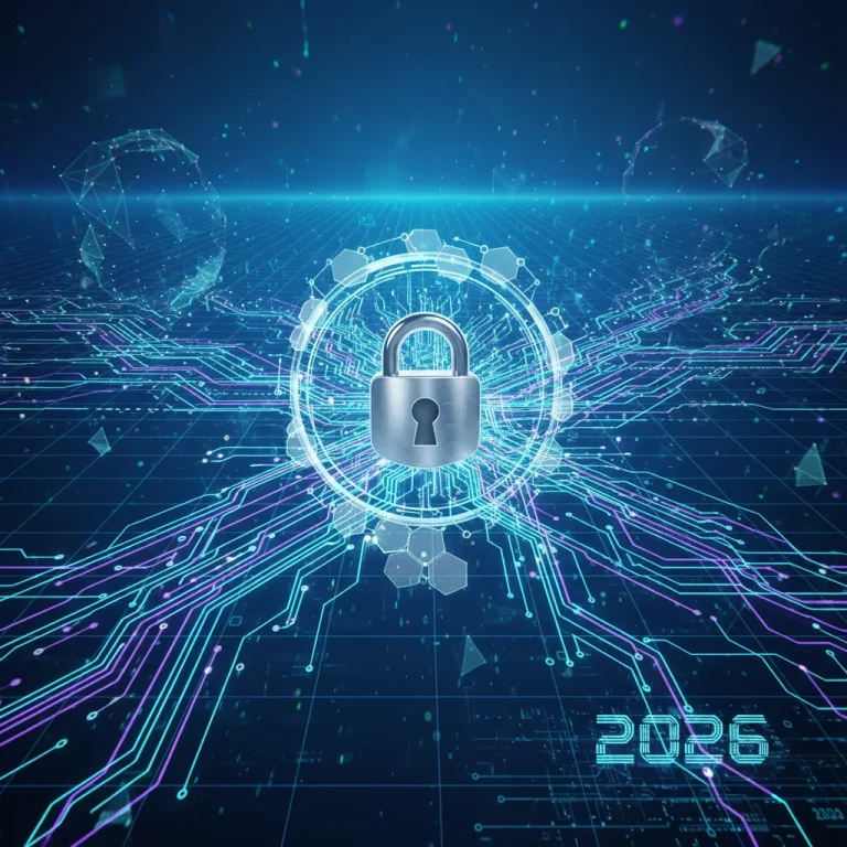 Secure digital footprint with lock icon and data streams