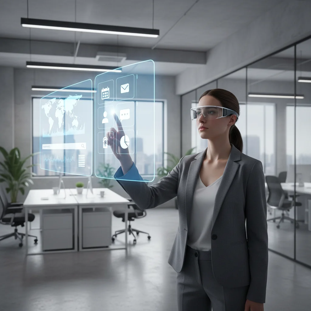 Person using smart glasses with augmented reality in an office